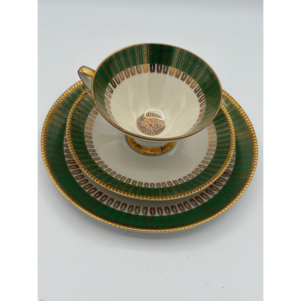 Vintage Winterling Bavaria Tea Cup Set 3 pc MCM Emerald Green Gold Geometric